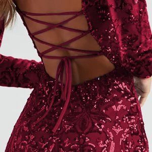 Sequin Long Sleeve Lace-up Back Mini Dress